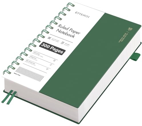 EMSHOI Notizbuch A5 Liniert, 100g/m² Papier, 300 Seiten - Tintengrün | Collegeblock mit PVC Cover, 180° flach, Innentasche, Stiftschlaufe, Lesezeichenband, für Büro & Schule, 14.5 x 21cm
