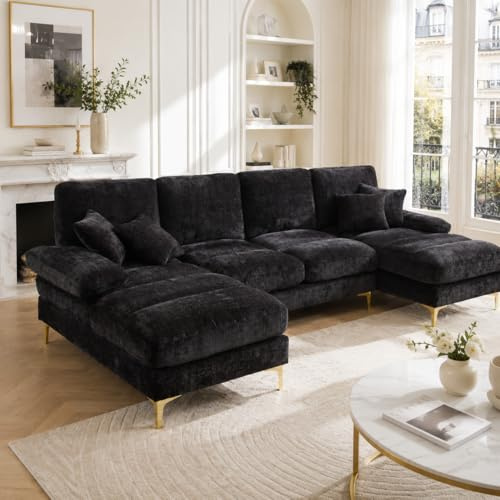 Lubvtti Sofá Moderno Grande de Chenilla en Forma de U con Asientos Dobles reclinables, sofá de Esquina, sofá 4 plazas para Sala de Estar/Dormitorio, Negro