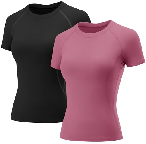 Rapbin Gym Toppar för kvinnor träning löpning yoga sport skjortor kort långärmad atletisk träning snabbtorkande andningsbar t-shirt, B1_2 Pack_Svart & Grå Rosa_Kortärmad, XS