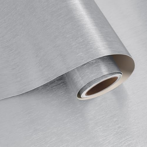 VaryPaper Carta da Parati Effetto Metallico Argentata Spesso 40cmx200cm Pellicola Adesiva Effetto Acciaio Inossidabile Resistente al Calore Carta Adesiva per Armadio Frigorifero Top Cucina Tavolo