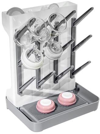 Baby Bottle Drying Rack, Vertical Design Holds Up to 12 Bottles, with Removable Drip Tray, Space Saving for Countertop, Safe BPA-Free Food-Grade Material for Baby Bottles, Nipples, Pump (Grey)