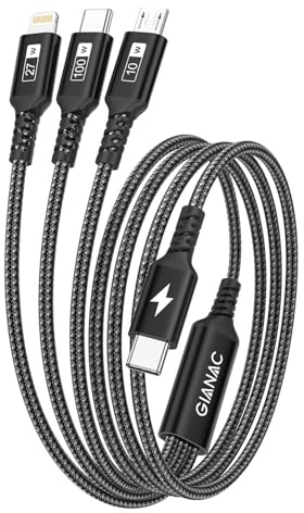 GIANAC Cable USB C a Multi USB de 100 W [1,2 M] Cable de carga rápida con chip E-Mark 3 en 1 cable de carga C a USB C [100W]+Micro [10W] + Lightning [27W] para Galaxy S23/iPad Pro, MacBook, iPhone14