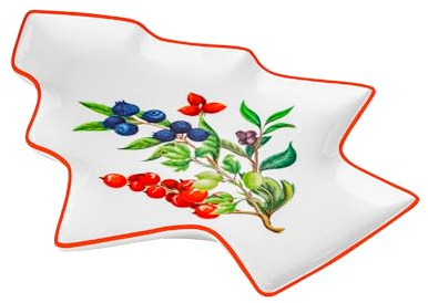 Baroni Home Accessori Tavola in Porcellana Decorata, Fantasie Bacche Rosse, Servizio Tavola Quattro Stagioni o Natalizio, 25x30x2,5 cm Vassoio Albero