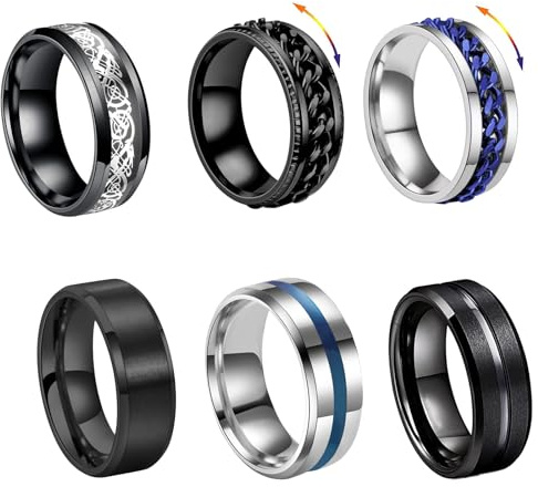 FOSLXIN 6 PCS Bague Hommes Acier Inoxydable, Argent Noir Tournante Chaîne Rock Bague, Bagues Argente Mat Poli Noeud Celtique Vintage Gothique Anneaux Mariage Promise Bande Anneau Taille (6)