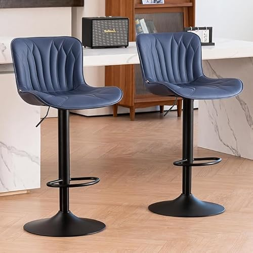YOUNIKE Juego de 2 Taburetes de Bar, Sillas de Bar de Cuero Sintético, Taburetes de Mostrador Altura Ajustable y Giratorios, Silla Alta para Bar, Azul Marino