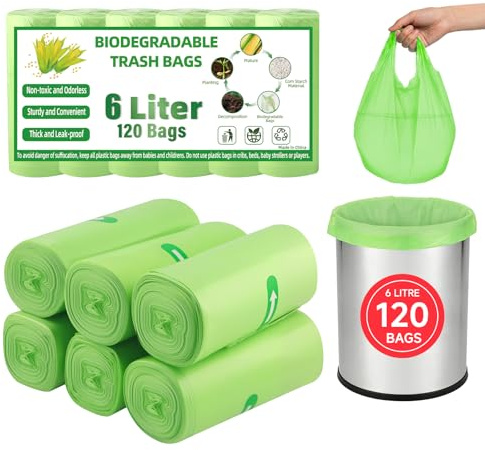 Biodegradable Food Waste Bags, 6L Small Compostable Caddy Bin Bags Liners, Clear Green Food Recycling Garbage Trash Bags for Kitchen, Home, Office Supplies, 120 PCS