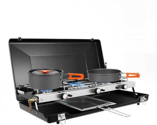 Fornello da campeggio a 3 fuochi, 4,5 kW, fornello a gas da campeggio, pieghevole con accensione piezoelettrica, fornello portatile per bombola del gas, set da campeggio per giardino e viaggio