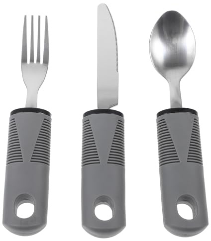 SHOWERORO Juego de Cubiertos Ergonómicos Antideslizantes para Personas Mayores Mango de Goma y Acero Inoxidable, Utensilios Adaptados para Facilitar la Alimentación