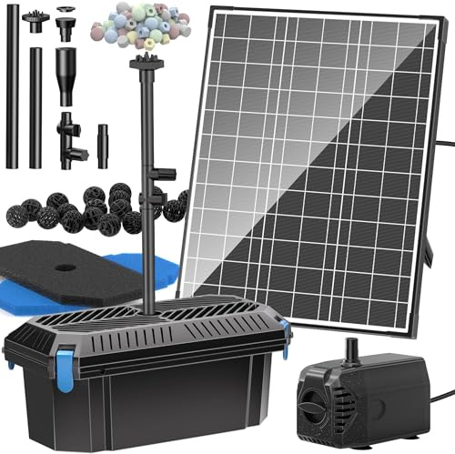 Biling Kit Filtre de Bassin Solaire 20W, Débit 875L/H avec Régulateur et 4 Buses, Pompe de Fontaine Solaire avec Câble de 5m pour Petit Étang de Poissons et Cascade, Haute Efficacité Énergétique