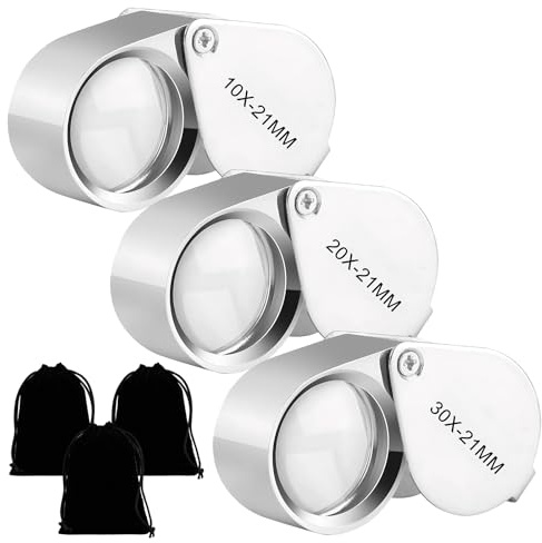 Juwelierlupe, 10x, 20x, 30x Juwelier Lupe, Enthält 3 Samtbeutel, Faltbare Handlupe, Schmucklupe, Geeignet zur Identifizierung von Münzen, Diamanten, Schmuck, Briefmarken, Antiquitäten und Uhren