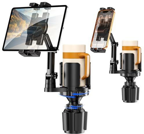 Tablet Holder for Car, 3 in 1 Cup Holder ipad Car Mount with Expander, Adjustable Base and Long Arm with 360°Rotation Phone ipad Holder Compatible for 4-12.9‘’ Tablet, All Smartphones and Most Bottles
