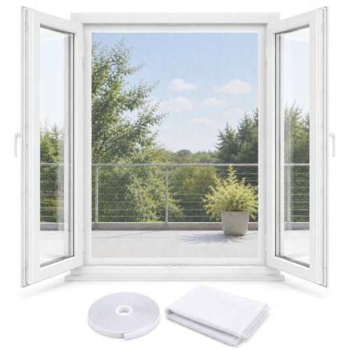 Zanzariera per Finestra e Portafinestra, Kit Facile da Montare, Bianco, 150x250cm, Nastro adesivo- Lato Uncino + Rete Antizanzare Anti Insetti