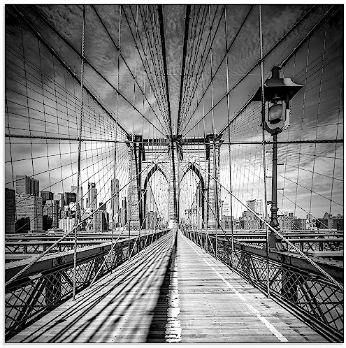 ARTland Wanddeko Glasbilder Wandbild Glas Bild einteilig 50x50 cm Quadratisch New York Manhattan Skyline Architektur Brücke Brooklyn Bridge Monochrom Amerika USA S8VX
