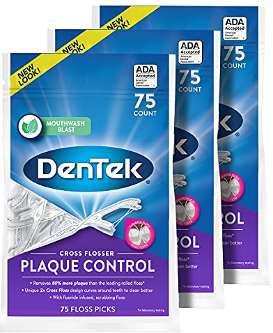 DenTek Cross Flosser Plaque Control Floss Picks, X-Shaped Floss, 75 Count, 3 Pack