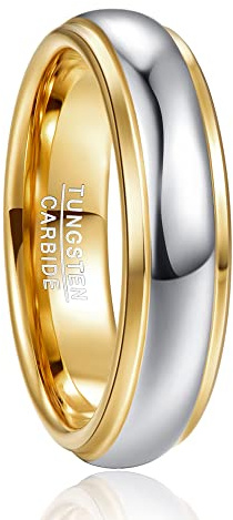 NUNCAD 6mm Anillo Tungsteno Oro + Plata Hombre/Mujer con Diseño Pulido y Cómodo, para Boda Vida Cotidiana y Hobby, Talla 18.25