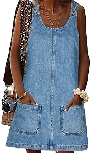 BZB Women's Sleeveless Casual Denim Dress Crewneck Vintage Loose Overall Mini Dress with Pockets Blue