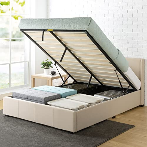 Zinus Maddon Bettgestell 120 x 190 cm mit gepolstertem Kopfteil – Höhe 31 cm – Lattenrost für französisches Bett mit Holzlatten und Gaslift – Beige