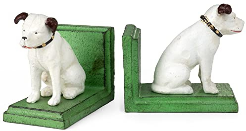 Moritz 2er Set Buchstützen Hund Terrier weiß 7,5 x 14 x 12 cm Vintage dekorative Tier Figur maßive Buchstützen für Bücherregal Bibliothek