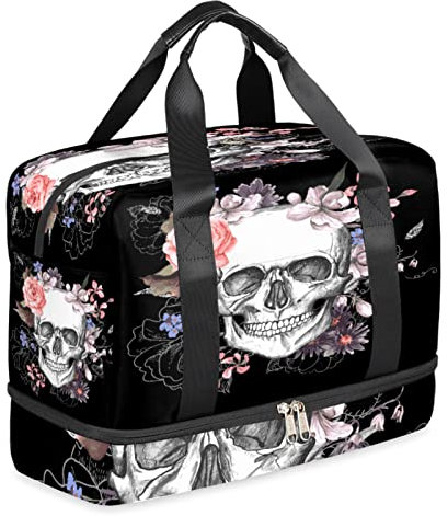 TropicalLife Totenkopf Blumen Tag der Toten Reisetasche mit Schuhfach Sporttasche Turnbeutel Gep?cktasche Wochenendtasche f¨¹r Erwachsene M?nner Frauen Unisex, Mehrfarbig, Reisetasche