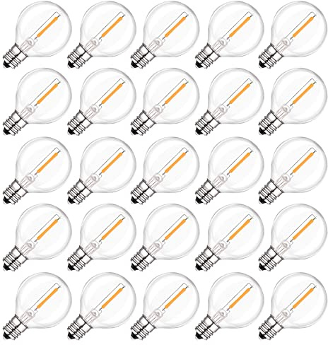 Spacelumen 25 Pack G40 LED Light Bulbs Replacement, 1W E12/C7 Small Screw Base Socket Light Bulb，2200K Warm White Globe Edison Bulbs for Indoor Outdoor String Lights | E12/C7 Small Screw Base Socket Light Bulb，2200K Warm White Globe Edison Bulbs for Indoor Outdoor String Lights