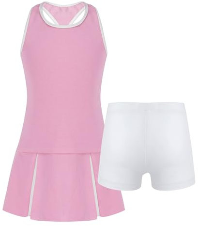 iiniim Mädchen Sport Set Tenniskleid Golf Tennis Sport Kleid + Shorts Tennis Trainingskleid Sport Tanzkleid Fitness Yoga Outfits Rosa 116
