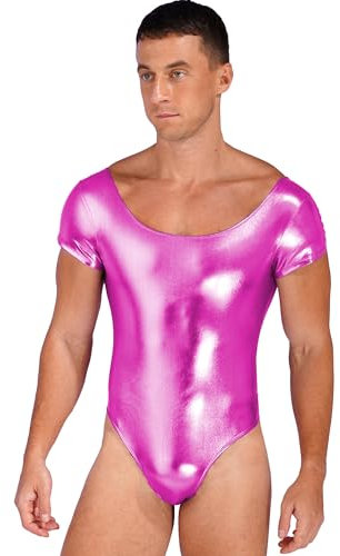CHICTRY Metallic Body Herren Sexy PVC Catsuit Stretch Eng Kurzarm Turnanzug Einteiler Overall Jumpsuit Kurz Sportlich Dancewear Rose L