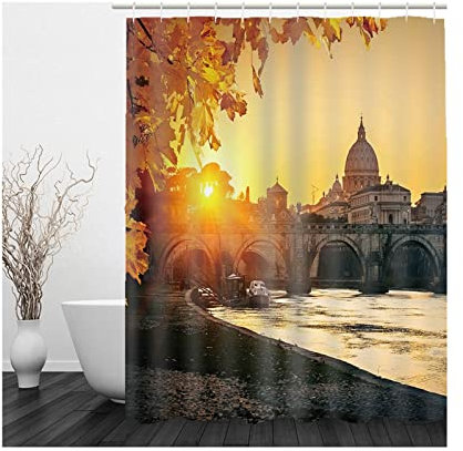 Whoiy Duschvorhang Textil Waschbar 180X200, Duschvorhang Zubehör Polyester Bath Curtains Retro Dorf Fluss Herbst Bäume Orange Gelb für Outdoor Hotel