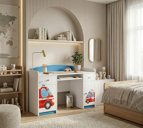 Happy Babies Schreibtisch für Kinder mit 5 Schubladen weiß Blau Kinderschreibtisch 125x89x60 Computertisch mit Tastaturablage Bürotisch für Kinderzimmer Muster Feuerwehrwagen