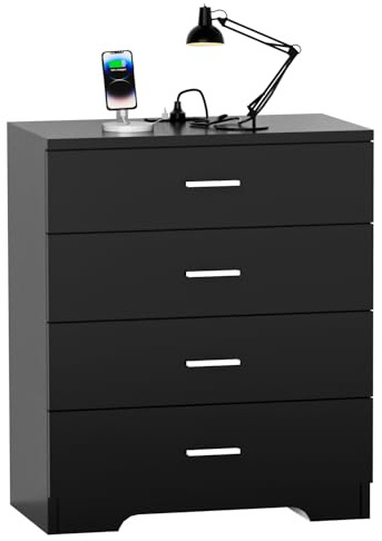FJTJBSI Dresser with Power Outlets Wooden 4 Drawer Dresser with USB and Type C Port Chest of Drawers for Bedroom Tall Black Organizer Storage for Living Room Hallway Closet