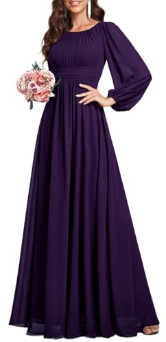 Ever-Pretty Vestito da Sera Donna Lungo Cintura Rotondo Manica Lunga Elegante Abiti da Cerimonia ES0106B