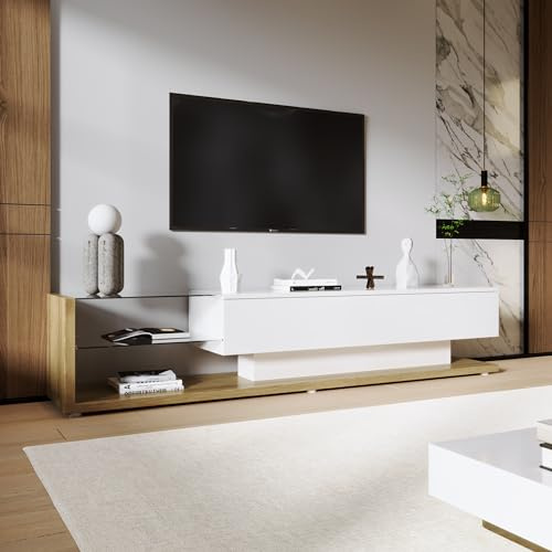 Azkoeesy TV-Schrank 170 cm mit LED-Beleuchtung, Hochglanz Weiß und Natur, Modernes TV-Board, Fernsehtisch, mit 2 Schubladen & 2 Glasregalen, für Wohnzimmer