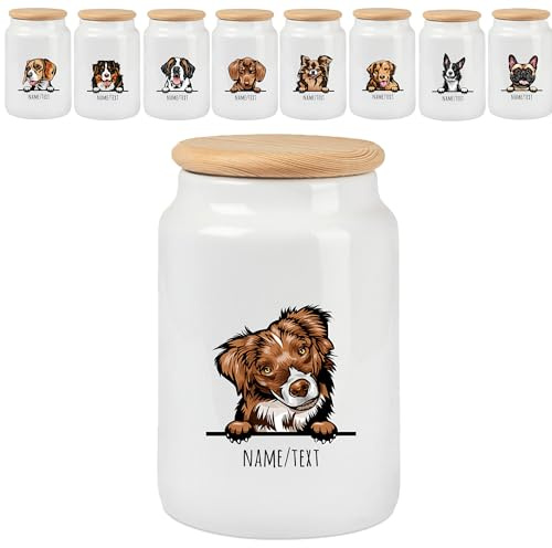 Tierisch-tolle Geschenke Leckerlidose Hund personalisiert – Keramik Dose mit Namen & Hunderasse, luftdicht mit Holzdeckel, Aufbewahrung für Leckerlis & Kekse (650 ml)