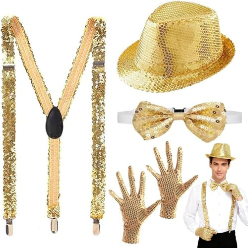 Anyingkai 4 Set Glitzer Outfit Herren,Glitzer Kostüm Accessoires Herre,mit Pailletten Hosenträger, Fliege, krawatte,Handschuhe,Pailletten Kostüm für Fasching Party Dance Performance