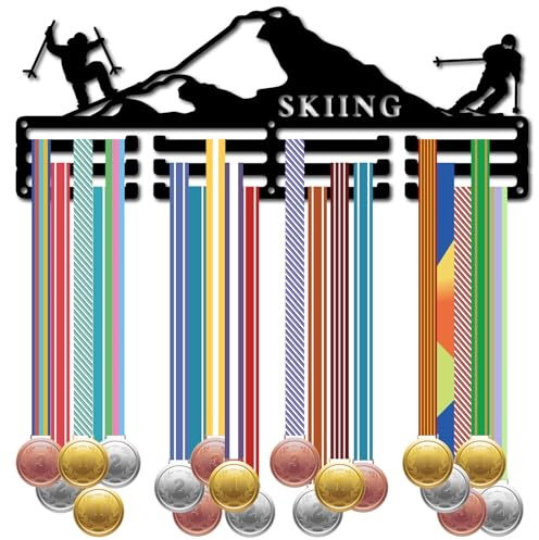 CREATCABIN Skifahren Medaillenaufhänger Display Medaillenhalter Rack Organizer Sport Metall Hängen Eisen Wandhalterung Rahmen Dekor Medaillenaufhänger Für Läufer Medaillengewinner Schwarz 40x15cm