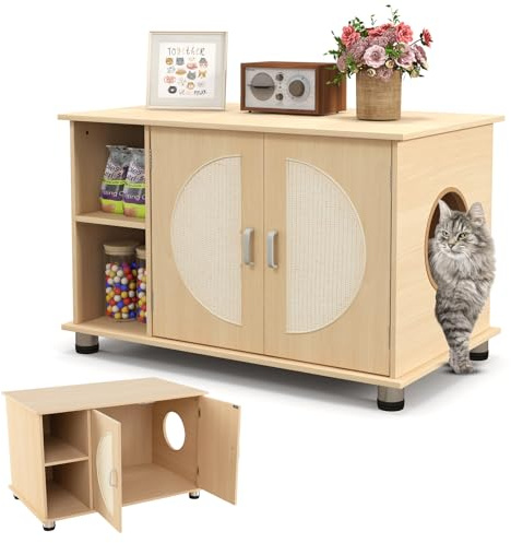 COSTWAY Katzenschrank für Katzentoilette, Katzenhaus mit Kratztüren aus Sisal & Metallfüßen & Katzenloch, Katzenklo Schrank, Katzenhöhle Beistelltisch Holz, Katzen Hunde Haustier, 82x48x52cm, Natur