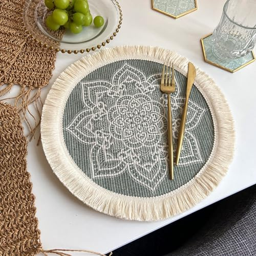 Viusneun 4er Set Rund 33cm gewebte Tischsets,Platzset für Esszimmer,Boho Baumwolle Platzsets Untersetzer,Tisch Dekoration,Platzdeckchen rutschfest,Waschbar,Ideal für Küche,Party,Hochzeit usw (C)