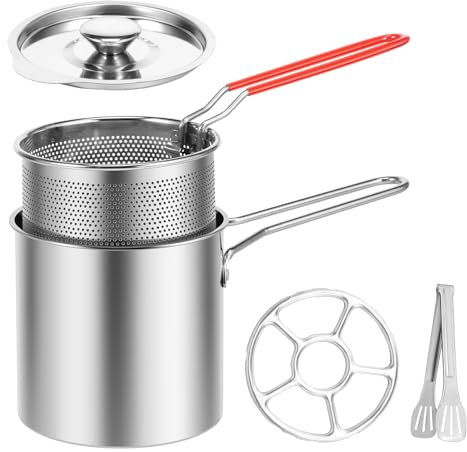 Foribyw Deep Fat Fryer Set with Strainer Basket and Extended Handle, Stainless Steel Mini Deep Fryer Pot with Lid, Oil Saving Small Fryer for Frying Fish Shrimp Chicken and Fries