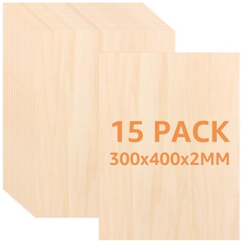 SHUESS 15 Stück Sperrholzplatte 2mm, 300x400mm Sperrholzplatten zum Bastel Lindenholzplatten, Holzplatten zum Basteln, Sperrholz für DIY Holzarbeiten, Laubsäge, Brandmalerei, Laserschnitt, CNC Router