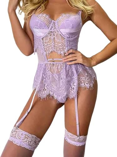 Uposao Women's Lace Garter Lingerie Set 3 Pieces Lace Bra and Panties Set High Waisted Suspenders Babydoll, Sexy Lingerie Set Deep V Nightgown Strappy Sleepwear for Women Lilac