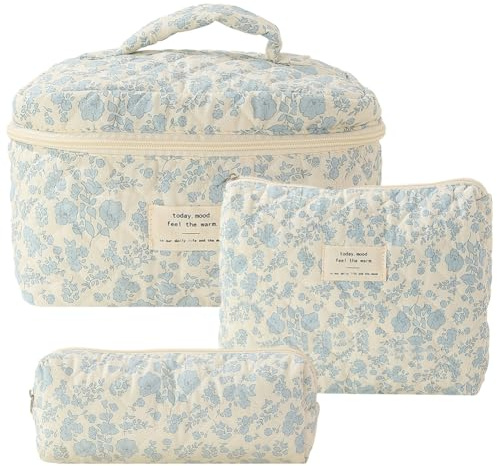 3 teiliges Reise Kosmetiktasche Set,kulturbeutel Damen,Kulturtasche,Make-up Tasche Coquette Aesthetic Makeup Tasche Cosmetic Bag,Groß Kapazität,Baumwolle,Blumen Muster kulturbeutel (Kosmetiktasche#1)