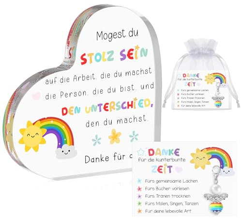 Sinmoe 4-teiliges Abschiedsgeschenk Set für Lehrerin Erzieherin - Herz Acryl Tischdeko mit Regenbogenmotiv, Schutzengel Schlüsselanhänger, Dankeskarte und Organzasäckchen, Geschenkidee Weihnachten