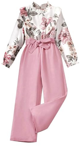Vuncio Ensemble Ado Fille Chemise à Manches Longues Fleur Et Pantalon Jambe Large Ensemble Enfant Fille 5-12 ans Chic et Elegant Habillée Léger Fluide Confortable Casual Vacances (6-7 ans, Rose)