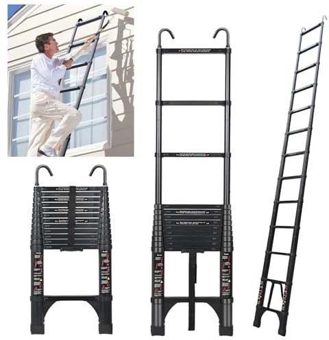 JADDUO Telescopic Ladder, 3.8 m, Aluminium Folding Ladder with Hooks, Folding Step Boards, Aluminium Multi-Purpose Ladder, 150 kg Load Capacity, Step Spacing 30 cm, Black