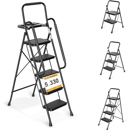 Arbusb Step Ladder, Folding Step Stool with Wide Anti-Slip Pedals, Sturdy Steel Ladder with Handrail, Space-Saving, Portable for Home & Adults, 5 Step Ladder