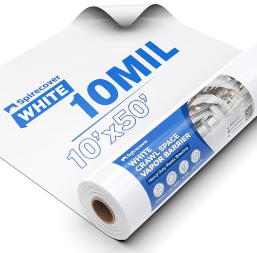 Spirecover Crawl Space Vapor Barrier - 10 Mil Vapor Barrier, 10' x 50', White Vapor Barrier, Heavy Duty Polyethylene Film, Thick Plastic Sheeting, Drop Cloth Vapor Barrier Covering for Crawl Space