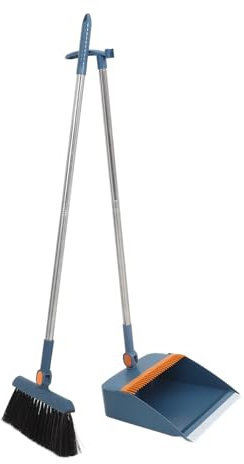 MOLUCKFU Broom and Dustpan for Home Kitchen Garage Stainless Steel Handle Standing Upright Dustpan Cleaning Brush for Indoor Floors