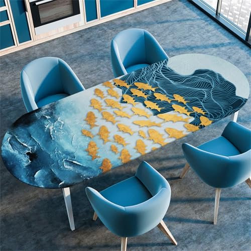 Highdi 3D Elastische Tischdecke Oval Abwaschbar, Spanntischdecke Oval Gartentischdecke Outdoor Oval Tischdecke mit Gummizug für Esszimmer, Küche (Gold Abstrakt 2,91x152cm(36x60))