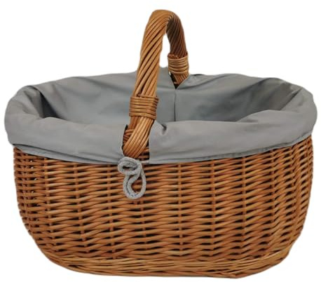 Großer Einkaufskorb aus Weide oval Braun mit Stoff grau 46x32x35 cm