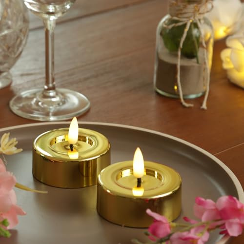 MARELIDA LED Maxi Teelichter gold glänzend festliche Kunststoff Jumbo Set mit Timer flackernd Batterieberieben für Innenbereich (2 groß)