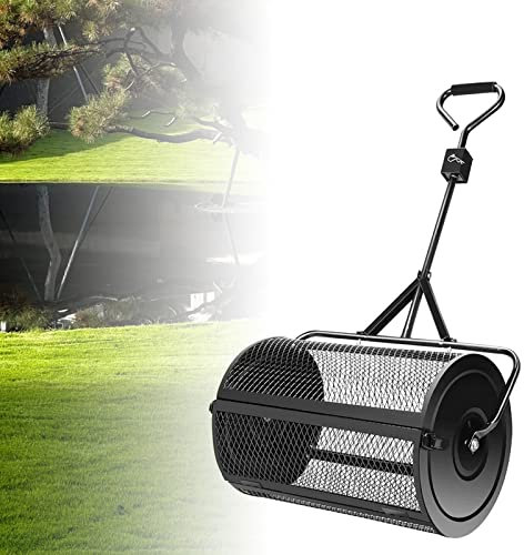 QLSABIA Spandiconcime da 24, spandiconcime per Torba con Manico a T, spandiconcime Leggero per Prato e Giardino, Rullo di Copertura con Cesto in Rete Metallica, Nero